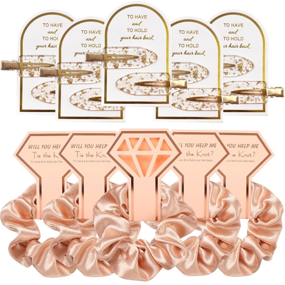 Bridesmaid Champagne Silk Satin Hair Scrunchies Hair Clips Sets for Bachelorette